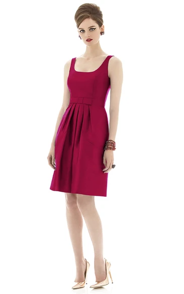 A-Line Short Square-Neck Satin Dress with Straps Back and Pockets