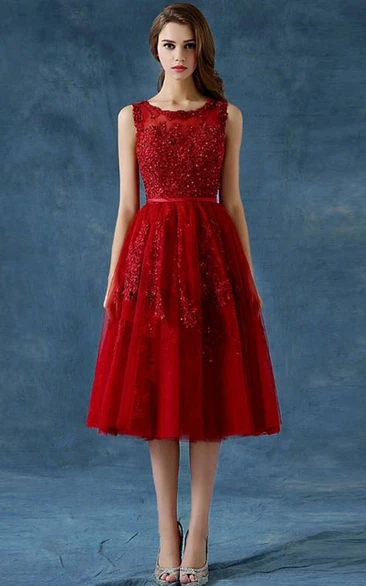 A-Line Scoop Appliques Beading Button Tea-Length Prom Dress
