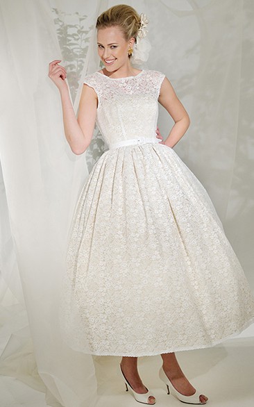 Tea-Length A-Line Cap Sleeve Ribboned Scoop Neck Lace Wedding Dress