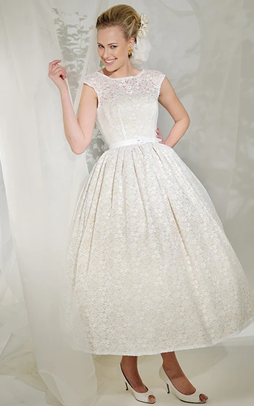Tea-Length A-Line Cap Sleeve Ribboned Scoop Neck Lace Wedding Dress