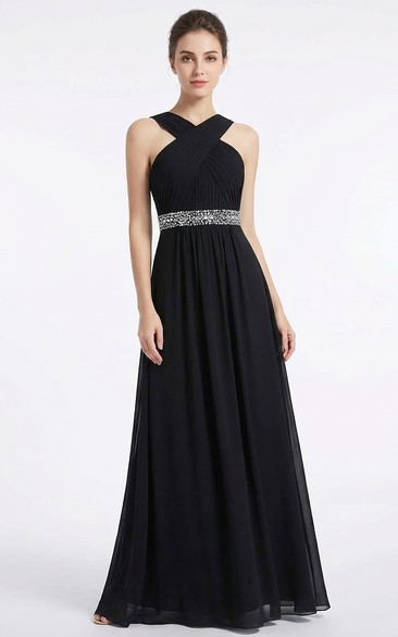Beaded Waist Chiffon Sleeveless Party Dress
