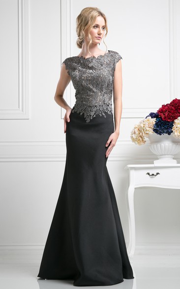 Mermaid Bateau Cap-Sleeve Satin Zipper Dress With Sequins And Beading