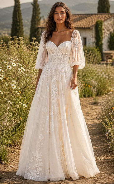 Boho A-Line Wedding Dress Short Sleeve Sweetheart Tulle Lace Applique Floor Length Chapel Train Ivory