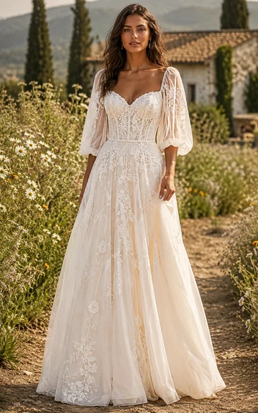 Boho A-Line Wedding Dress Short Sleeve Sweetheart Tulle Lace Applique Floor Length Chapel Train Ivory