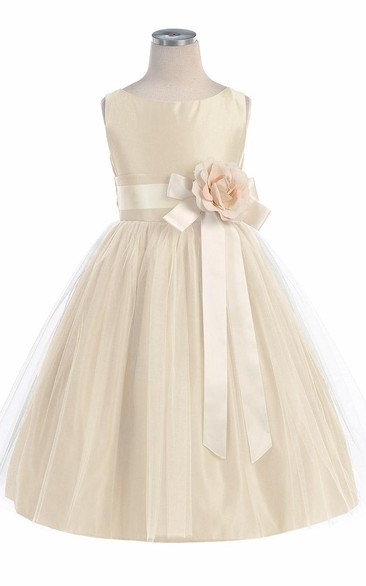 Tea-Length Tiered Tulle&Satin Flower Girl Dress