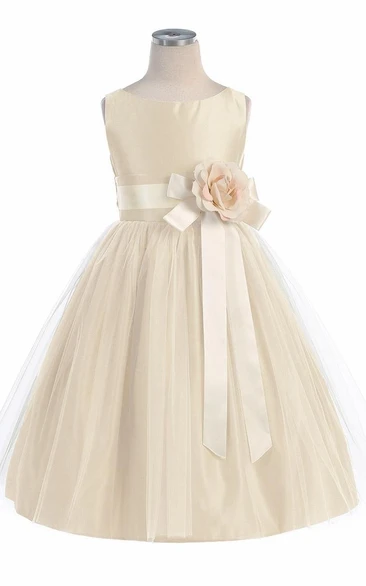 Tea-Length Tiered Tulle&Satin Flower Girl Dress