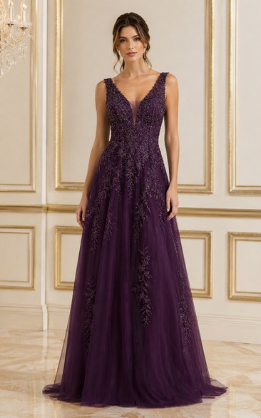 Plum Purple Beaded Evening Gown with V Neckline A-Line Tulle Dress
