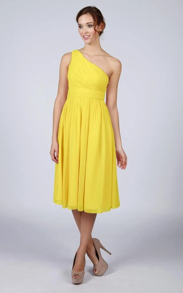 One Shoulder Pleated A-line Chiffon Tea Length Dress Yellow