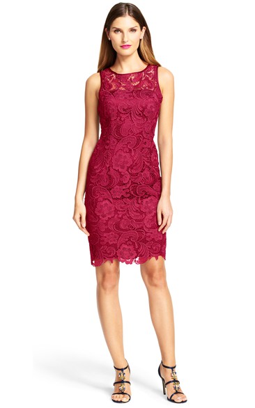 Short Sheath Appliqued Bateau Neck Sleeveless Lace Bridesmaid Dress