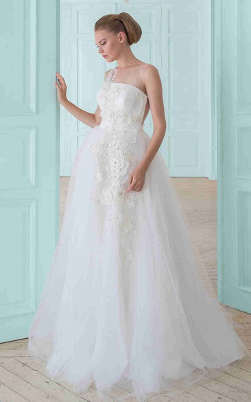 A-Line Sleeveless Floral Long Tulle Wedding Dress With Appliques