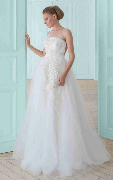 A-Line Sleeveless Floral Long Tulle Wedding Dress With Appliques