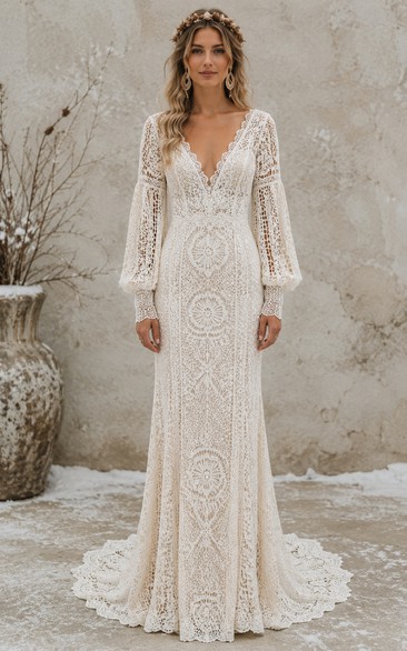 Sexy Mermaid Wedding Dress Long Sleeve V-Neck Lace Floor Length Chapel Train Ivory