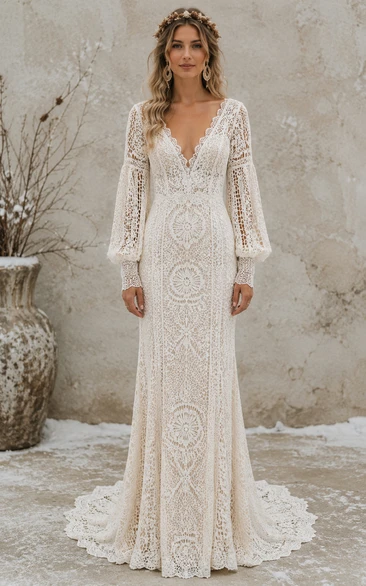 Sexy Mermaid Wedding Dress Long Sleeve V-Neck Lace Floor Length Chapel Train Ivory