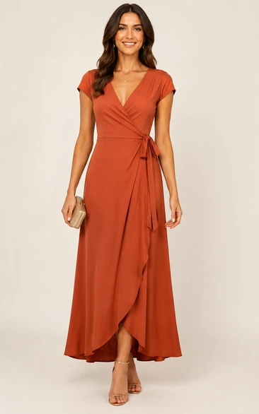Orange V-neck Chiffon Wrap Ankle Dress