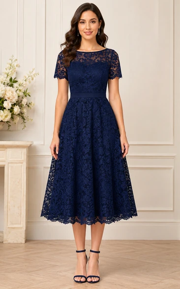 A-Line Tea-Length Bateau Short Sleeve Lace Wedding Guest Dress with Lace