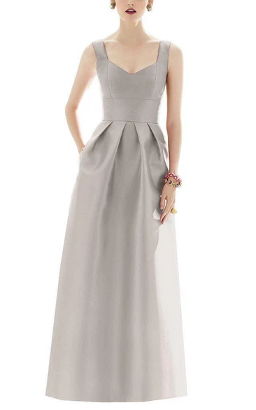 Strapped Satin Pleated Long Dress