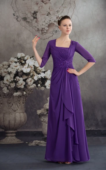 Square-Neck Chiffon Floor-Length Half-Sleeve Beading and Dress With Central Ruching