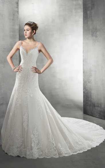 Royal Backless Lace Wedding Dress With Beaded Spaghetti Straps