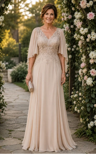 Champagne V-Neck Chiffon A-Line Mother of the Bride Dress with Lace Bodice