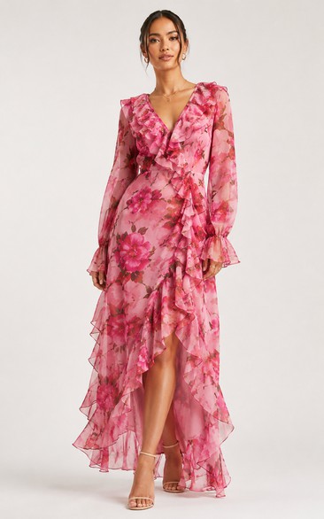 Chiffon Formal Dress in Blushing Pink, V-neck A-Line High-Low Gown with Floral Print and Ruffles