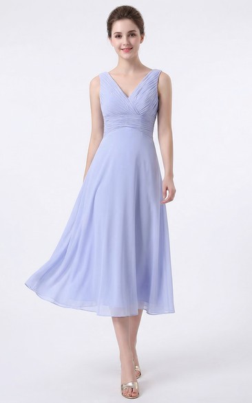 Criss-Cross Ruched Chiffon Tea-Length Dress