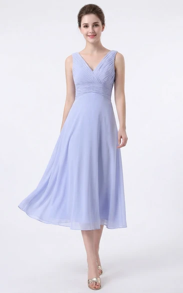 Criss-Cross Ruched Chiffon Tea-Length Dress