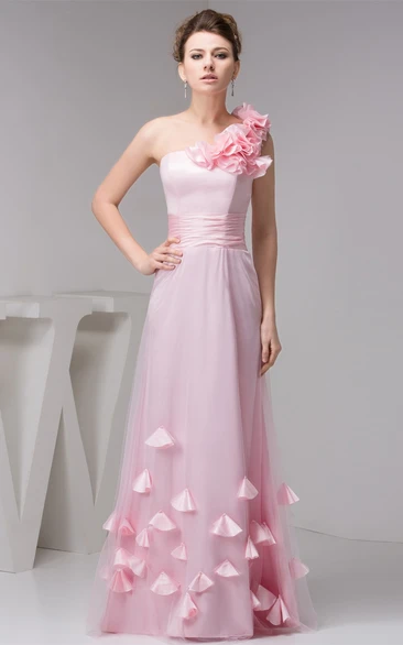 One-Shoulder Floor-Length A-Line Flower and Dress With Ruching