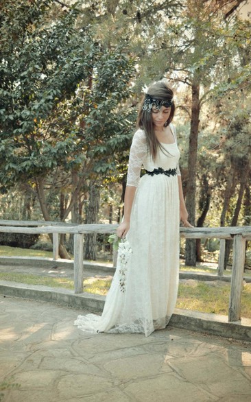 Scoop Half Illusion Sleeve Lace Boho Wedding Dress With Sash And Button Back