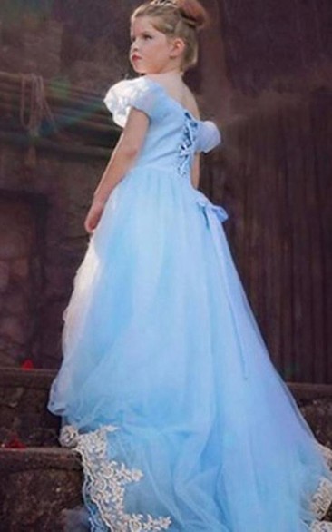 Flower Girl Off-the-shoulder Tulle Ball Gown With Puff Sleeve