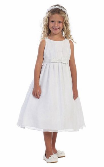 Straps Tea-Length Tiered Bowed Chiffon Flower Girl Dress With Sash