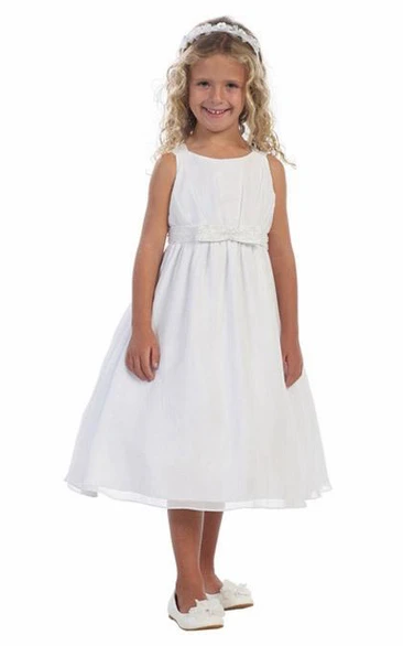 Straps Tea-Length Tiered Bowed Chiffon Flower Girl Dress With Sash