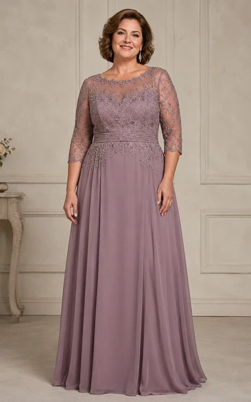 Plus Size A-Line Bateau 3/4 Length Sleeve Chiffon Mother Dress with Lace