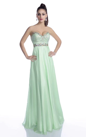Sweetheart A-Line Sleeveless Chiffon Prom Dress Featuring Glimmering Rhinestones And Jeweled Belt