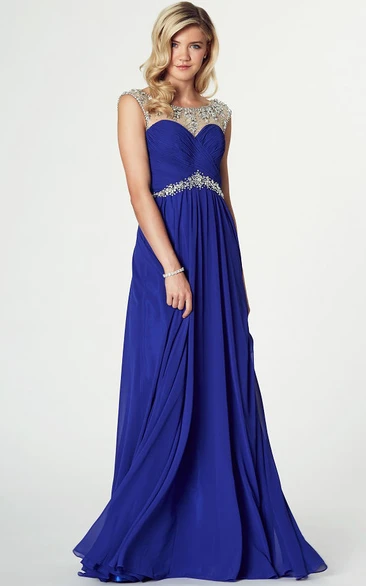 Maxi Scoop Neck Beaded Sleeveless Chiffon Prom Dress