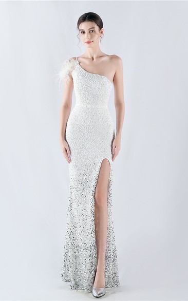 Gradient Velvet Bottom Sequins Craft Beading Ostrich Hair One-Shoulder Oblique Collar High-Slit Evening Dress