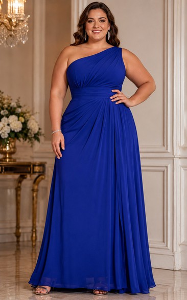 Plus Size Royal Blue One-Shoulder Chiffon Formal Gown