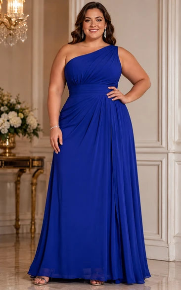Plus Size Royal Blue One-Shoulder Chiffon Formal Gown