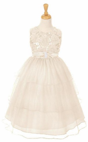 Tea-Length Split-Front Sequins&Satin Flower Girl Dress