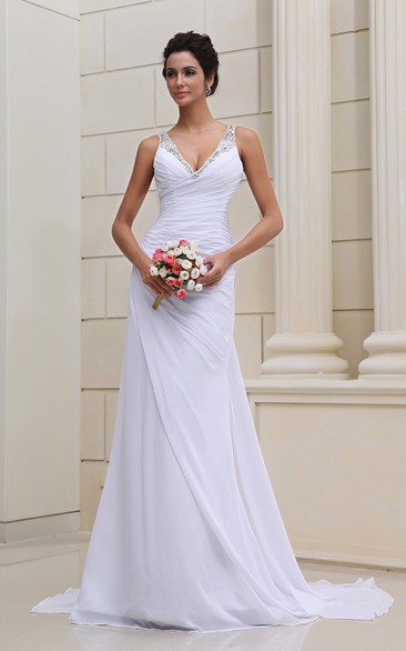 Strapless Deep V-Neck Chiffon Dressse With Sequins