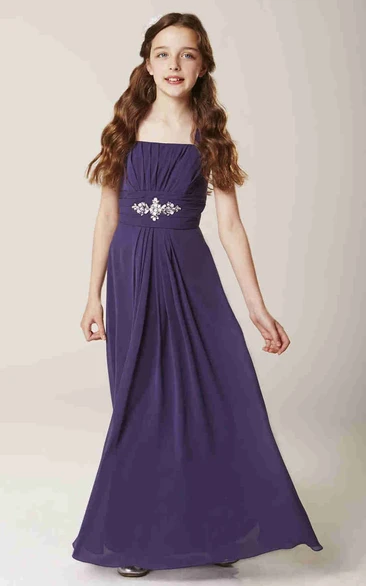Strapped Sleeveless Ruched Chiffon Bridesmaid Dress With Waist Jewellery
