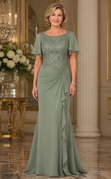 Sage Beaded Lace Bodice Chiffon Mother of the Bride Dress with Flutter Sleeves