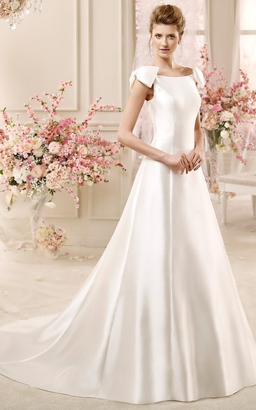Jewel-Neck A-Line Satin Wedding Dress With Bow On Shoulders And Brush Train
