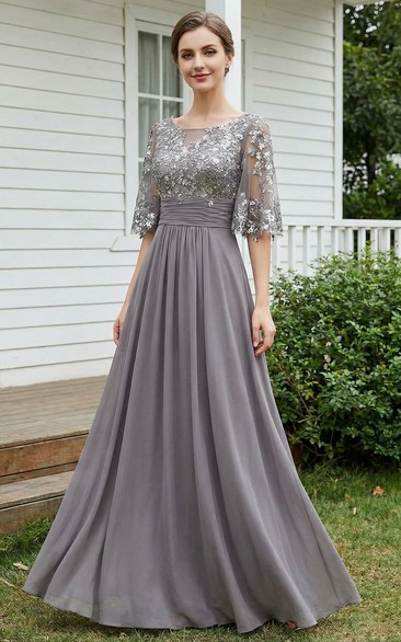 Sequin Chiffon A-Line Gown with Half Sleeves