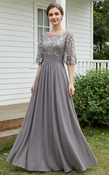 Sequin Chiffon A-Line Gown with Half Sleeves