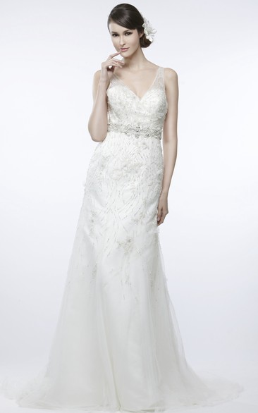 A-Line Beaded Sleeveless V-Neck Maxi Tulle Wedding Dress With Low-V Back And Waist Jewellery
