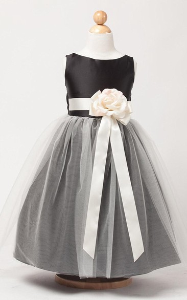 Tea-Length Tiered Tulle&Satin Flower Girl Dress