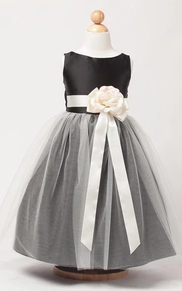 Tea-Length Tiered Tulle&Satin Flower Girl Dress