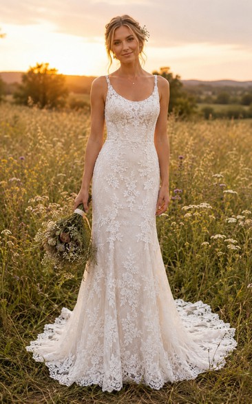 Scoop Neck Mermaid Lace Country Wedding Dress with Low Back and Train