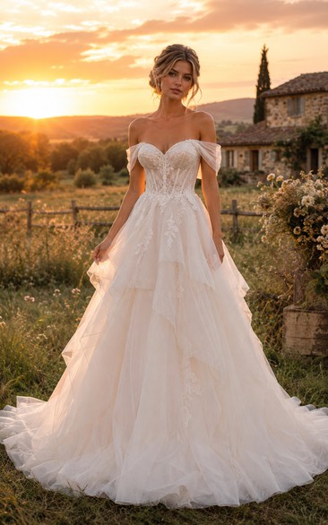 Princess Off-the-Shoulder Tulle Country Wedding Dress with Layered Skirt