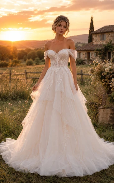 Princess Off-the-Shoulder Tulle Country Wedding Dress with Layered Skirt